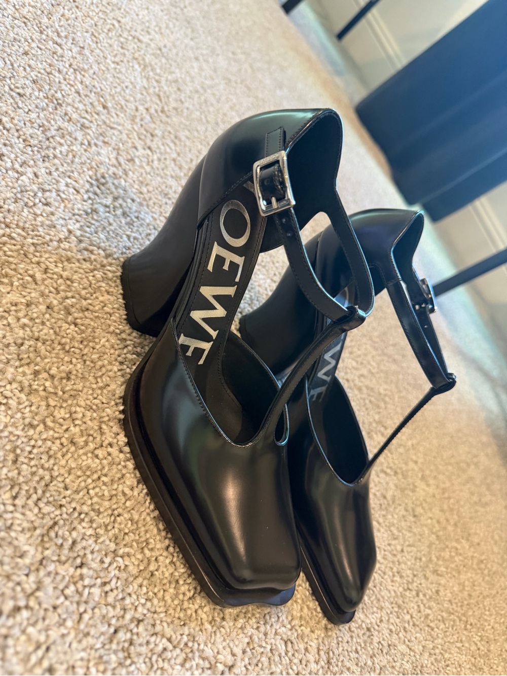 Loewe Black Leather Mary Jane Block Heel Pumps
